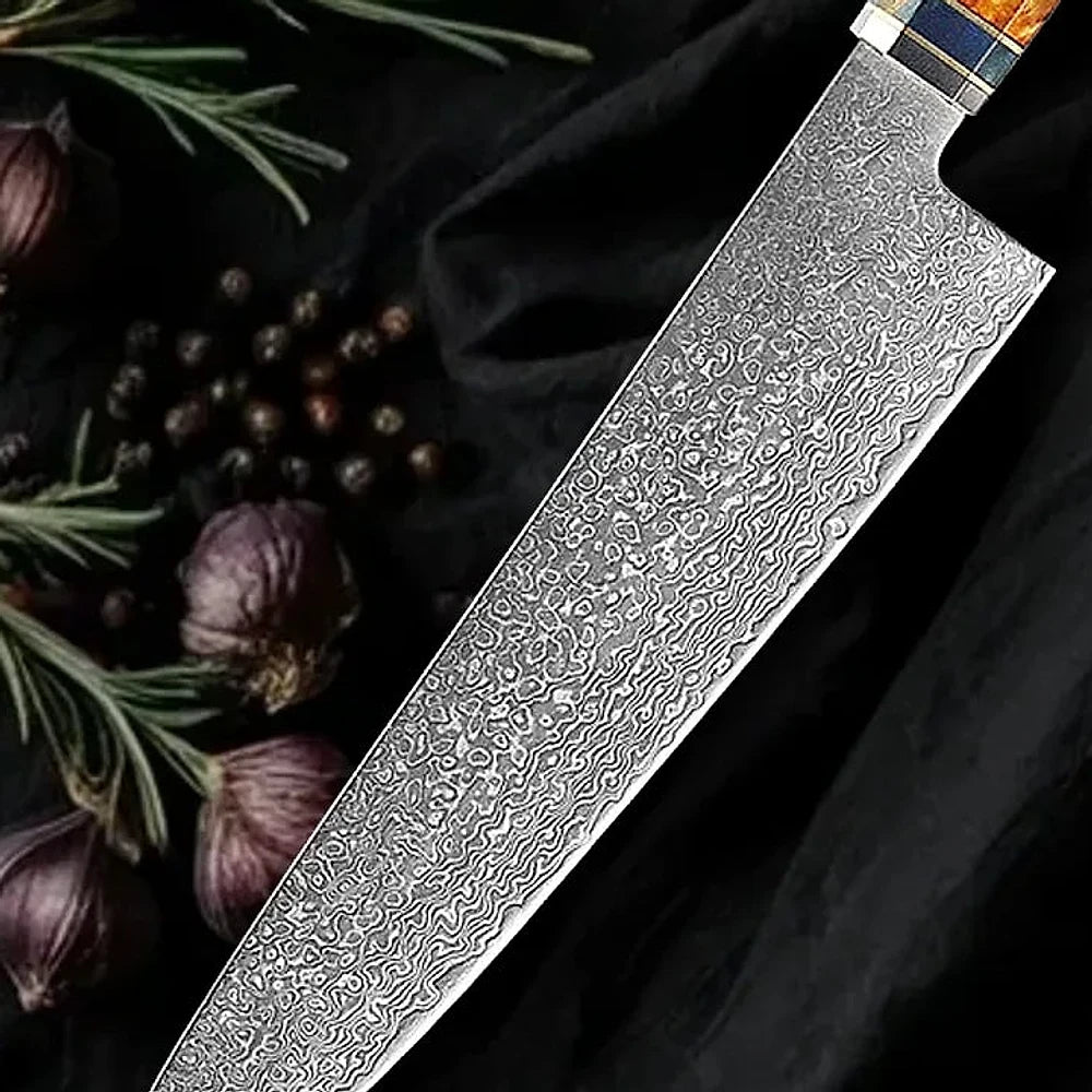Detalle del acero damasco de 67 capas en la hoja del Gyuto Kaen 20 cm, cuchillo de chef japonés