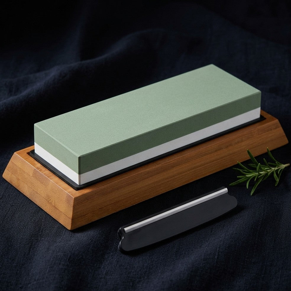 Piedra de Afilar Kaen con Base de Bambú — Piedra de doble cara con base de bambú y guía de ángulo.