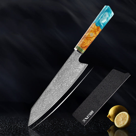 Bunka Kaen 18 cm con su funda protectora negra: cuchillo de acero damasco con mango de resina turquesa y madera