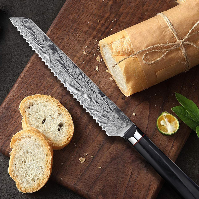 Cuchillo de Pan Kaen Damasco — Sierra de damasco para pan de corteza dura sin aplastar la miga.