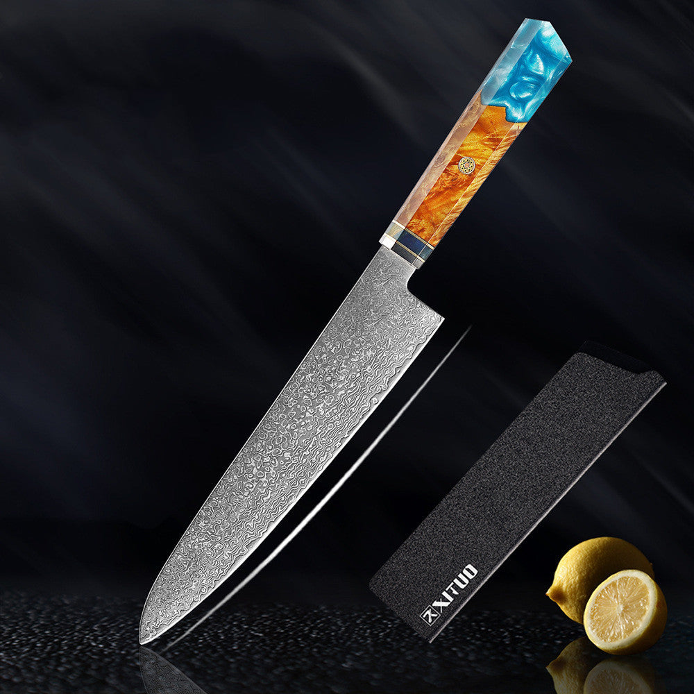 Gyuto Kaen 20 cm con su funda protectora negra: cuchillo de acero damasco con mango de resina turquesa y madera