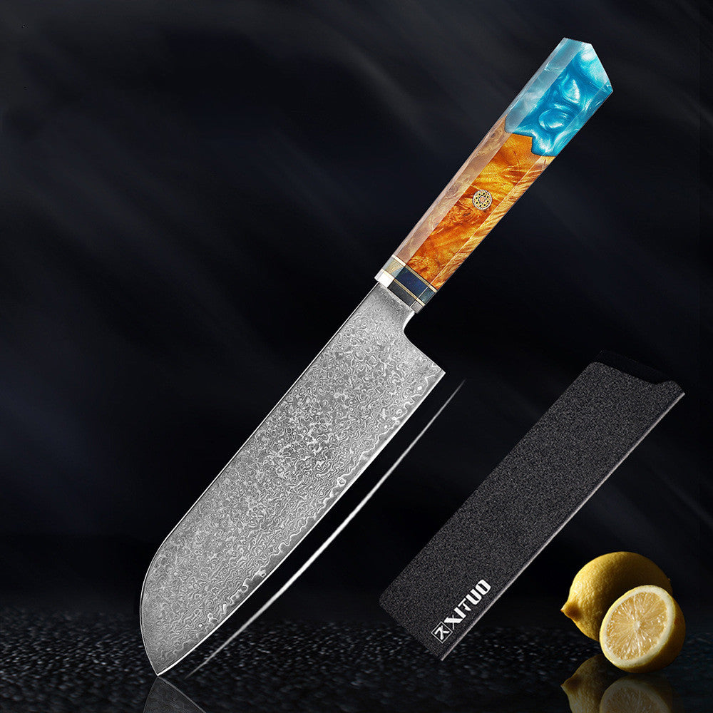 Santoku Kaen 18 cm con su funda protectora negra: cuchillo de acero damasco con mango de resina turquesa y madera