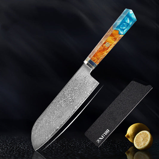 Santoku Kaen 18 cm con su funda protectora negra: cuchillo de acero damasco con mango de resina turquesa y madera