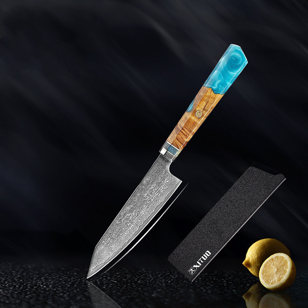 Petty Kaen 9 cm con su funda protectora negra: puntilla de acero damasco con mango de resina turquesa y madera