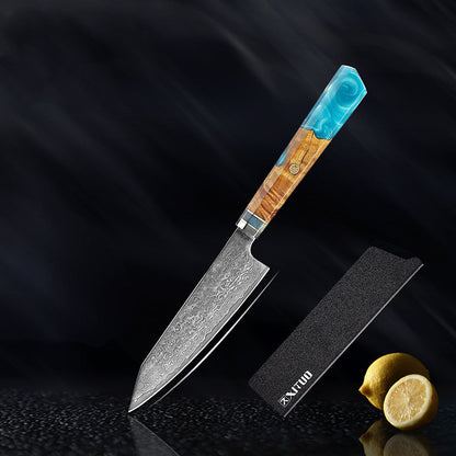 Petty Kaen 9 cm con su funda protectora negra: puntilla de acero damasco con mango de resina turquesa y madera