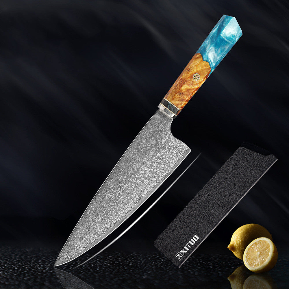 Kiritsuke Kaen 20 cm con su funda protectora negra: cuchillo de acero damasco con mango de resina turquesa y madera