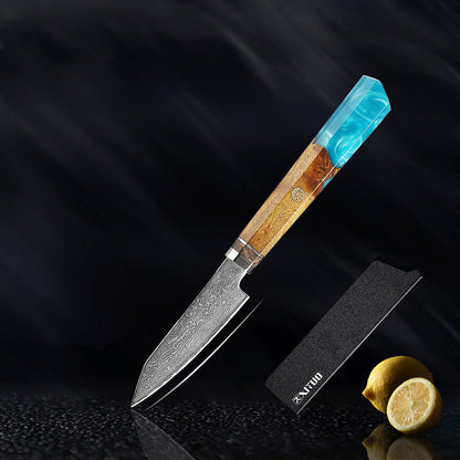Nakiri Kaen 18 cm con su funda protectora negra: cuchillo de acero damasco con mango de resina turquesa y madera