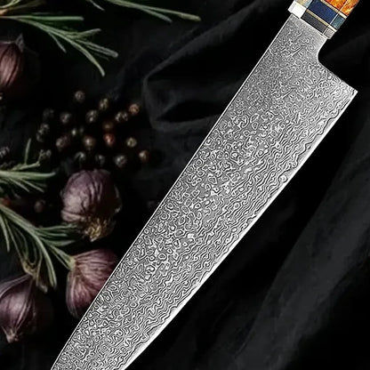 Detalle del acero damasco de 67 capas en la hoja del Gyuto Kaen 20 cm, cuchillo de chef japonés