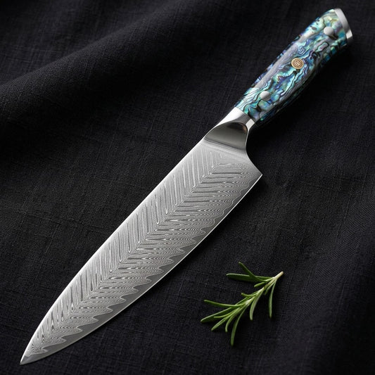 Gyuto Kaen Nácar — El cuchillo de chef de siempre con un mango de nácar iridiscente.