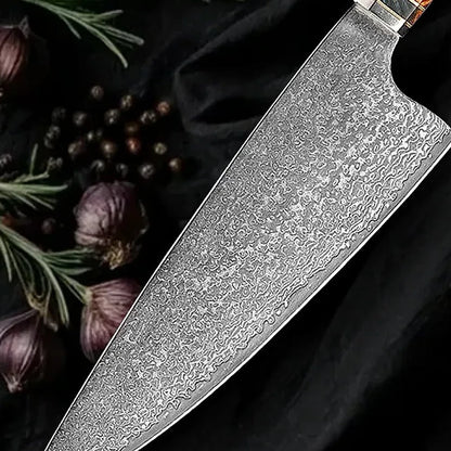 Detalle del acero damasco de 67 capas en la hoja del Kiritsuke Kaen 20 cm, cuchillo de chef japonés