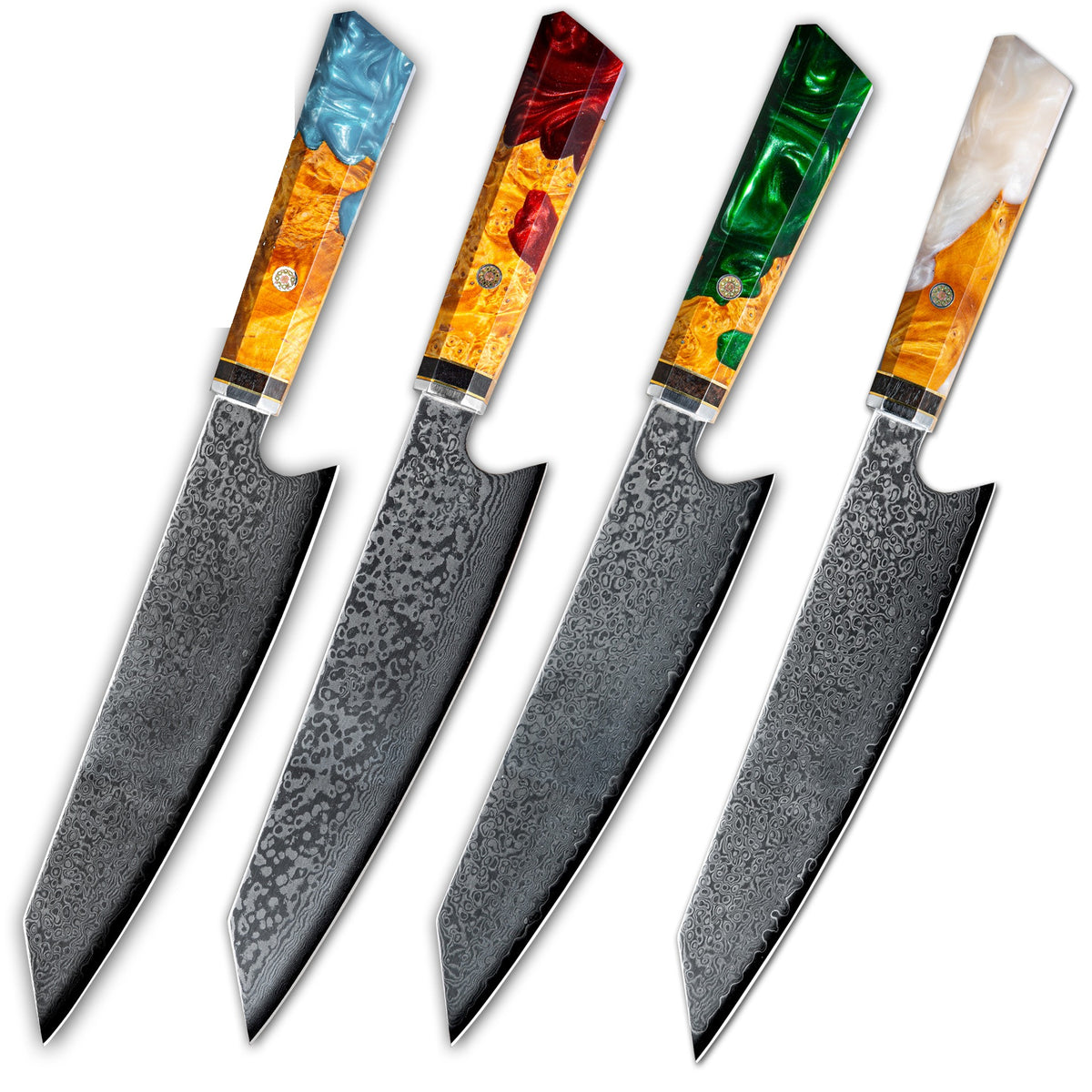 Kiritsuke Kaen Resina de Color — La punta en ángulo del kiritsuke con un mango de resina en cuatro colores.