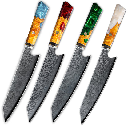 Kiritsuke Kaen Resina de Color — La punta en ángulo del kiritsuke con un mango de resina en cuatro colores.